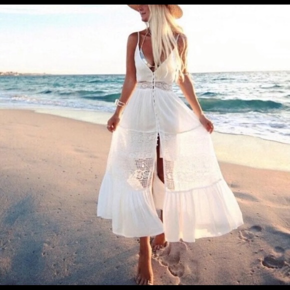 White Boho Lace Maxi Dress - Picture 4 of 11